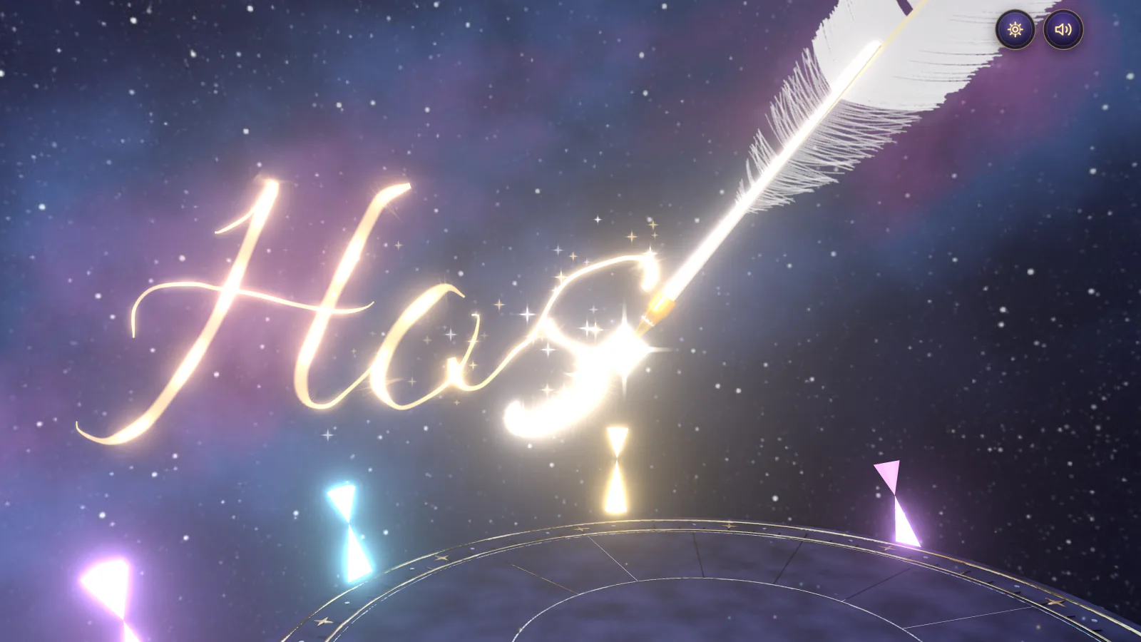 星空の中、羽ペンが光の線で筆記体の「Hos」まで書いたところ
