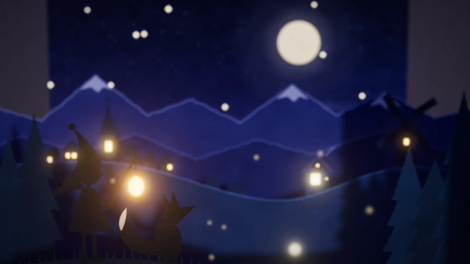 月夜の森。丘の上にランタンを持った女の子ときつねの影絵、奥に山なみと家の灯り