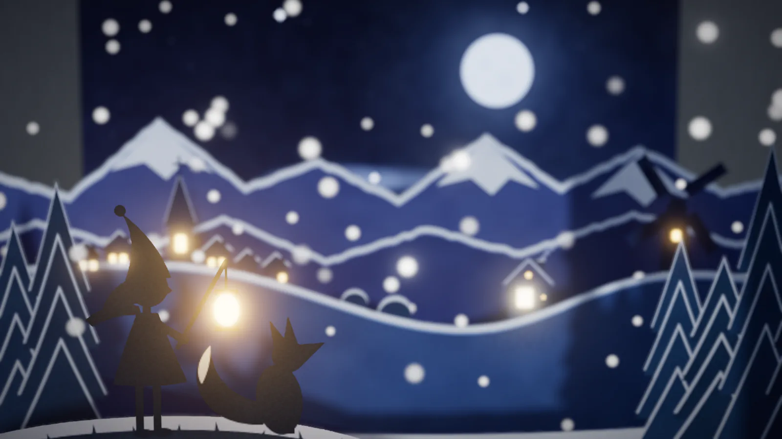 雪の降る夜の森。ランタンを持った女の子ときつねの影絵